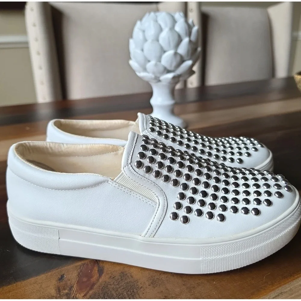 Steve Madden Women's Torin Platform White Silver Studded Slip-on Sneakers 9.5M